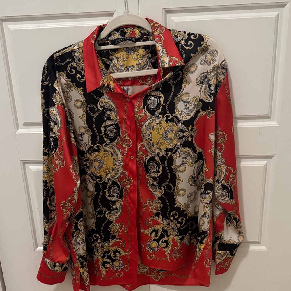 Zara women’s  Red and Gold Baroque Print Shirt